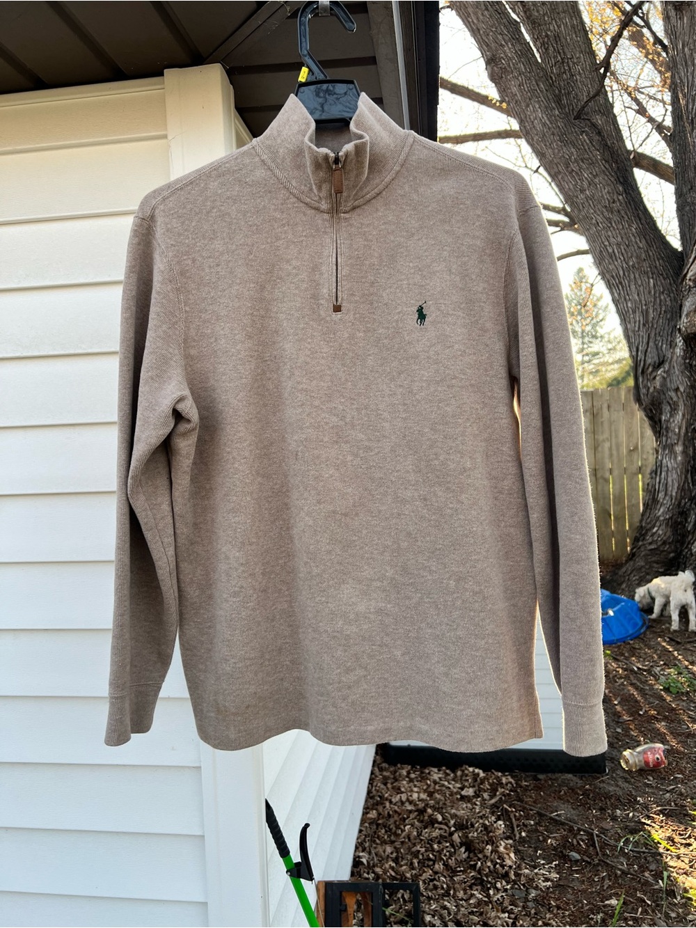 Polo by Ralph Lauren Men's Zip-Neck Sweater in Light Taupe Green Logo